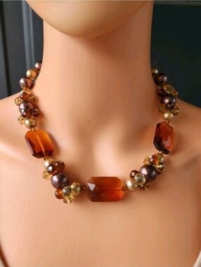 Amber Tone Faceted Glass Bead Necklace Brown Gold Faux Pearl 20"